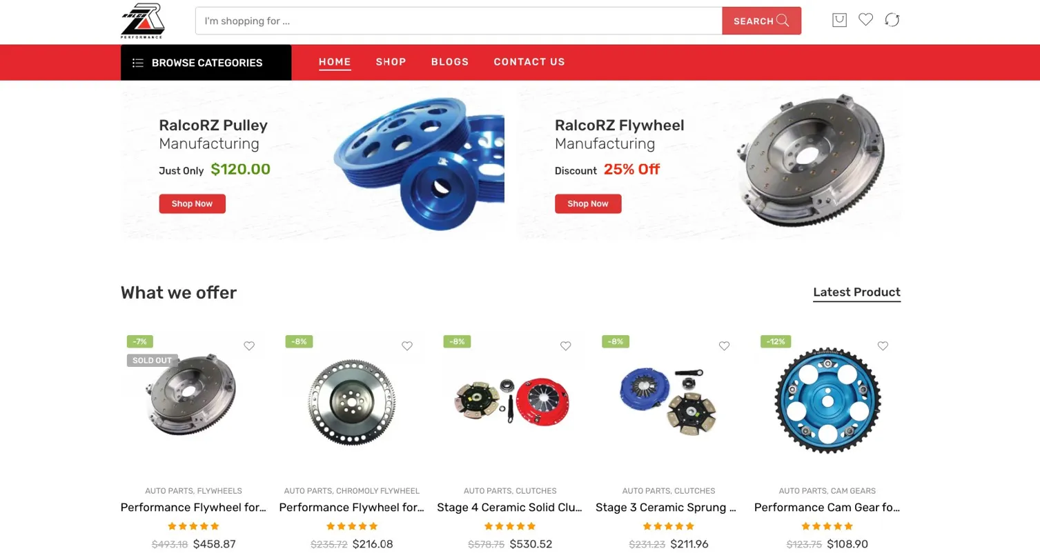 RalcoRZ Performance homepage showing performance auto parts catalogue