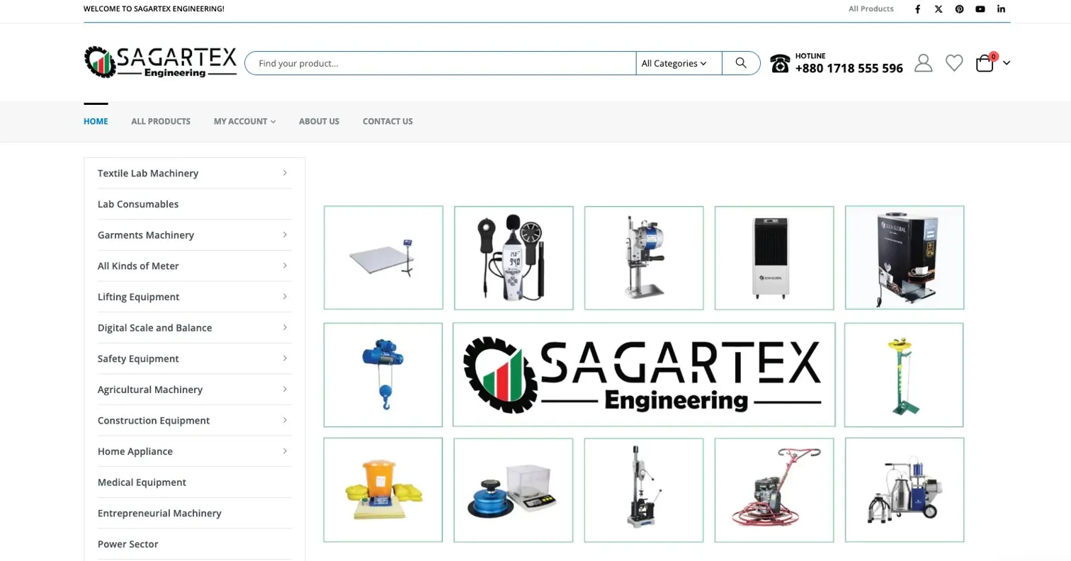 Sagartex Engineering homepage with garments and textile machinery catalog